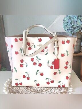 Coach MOLLIE Cream Tote with Red Cherry Print EUC
